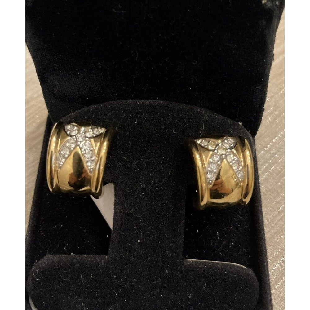 Vintage NOS Gold clip on earrings Ultima Edizione Italy HUGGIES Rhinestones